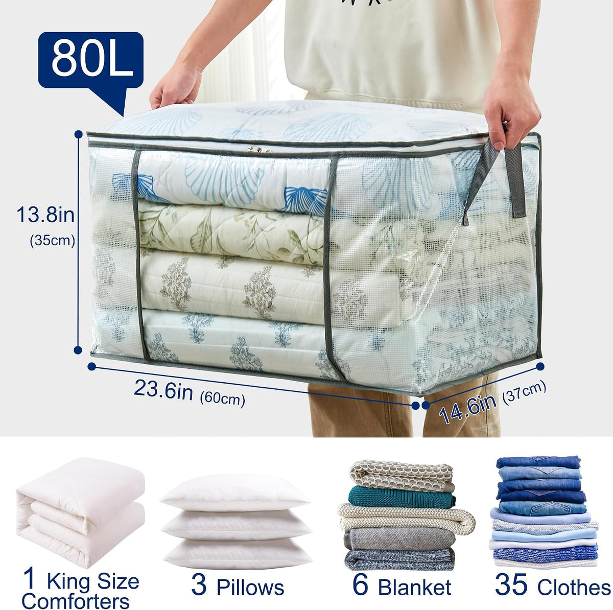 80L Clear Large Storage Bag for Clothes Comforters Blankets Pillows Bedding