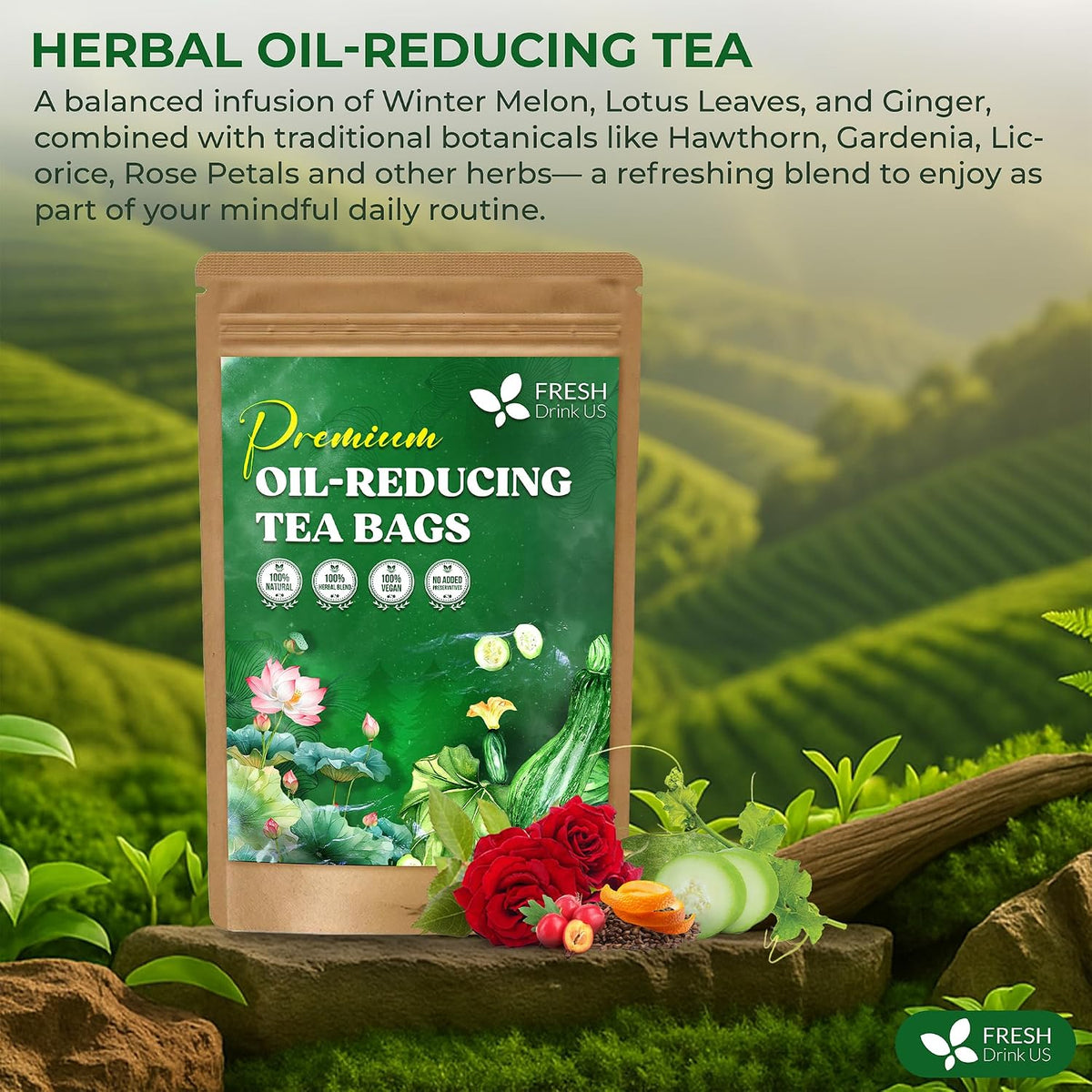 FreshDrinkUS, Oil-Reducing Herbal Tea – 40 Tea Bags | Blend of Winter Melon, Lotus Leaf, Ginger, Hawthorn, Gardenia Fruit, Rose, Cassia Seed & More | Naturally Caffeine-Free | Delicious Hot or Iced
