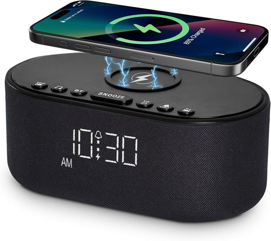 Sound Machine Alarm Clock for Bedrooms: Bluetooth 10W Stereo Sound Speaker with Wireless Charging - White Noise Machine for Sleeping with 21 Soothing Sounds - Putty