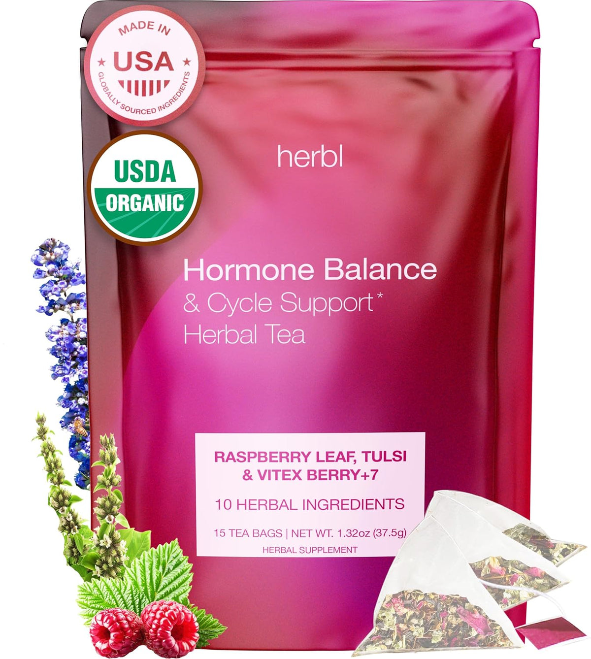 Organic Hormone Balance Tea for Women – Raspberry Leaf, Vitex & Tulsi – Herbal Hormone Balance Tea for PMS, PCOS, Perimenopause, Mood & Cycle Support – Caffeine-Free, USDA Organic