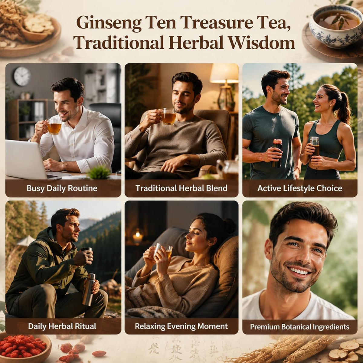 60Pcs Ginseng Ten Treasures Tea, Chinese Traditional Kidney Herbal Tea, Natural Kidney Cleanse Detox Tea for Women & Men, 10 Precious Ingredients Formula(60Bags, 600g)
