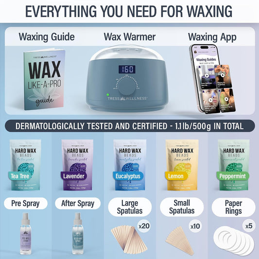 Tress Wellness Award Winning Waxing Kit for Sensitive Skin, Safe for Face & Skin, Easy to Use, At-Home Kit for Face, Bikini, Brazilian & Full Body - Digital Display, Black Purple Flower
