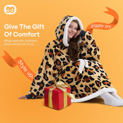 Giggling Getup Wearable Blanket Hoodie for Adults Gifts for Teen Girls Sister Women Sherpa Fleece Printed Hooded Blanket Sweatshirt Warm Cozy with Pocket & Sleeves Beige Cat