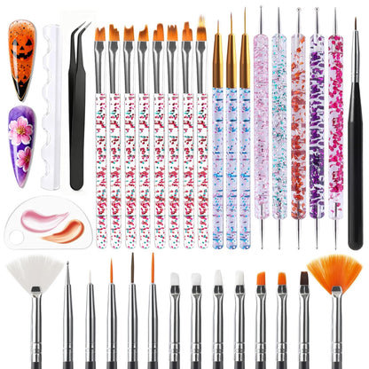 Artdone 31pcs Nail Art Brushes, Nail Art Tool Set, Dotting Tools, Dust Brush,Striping Brushes for Long Lines, Drawing Pen For Gel Polish Design supply
