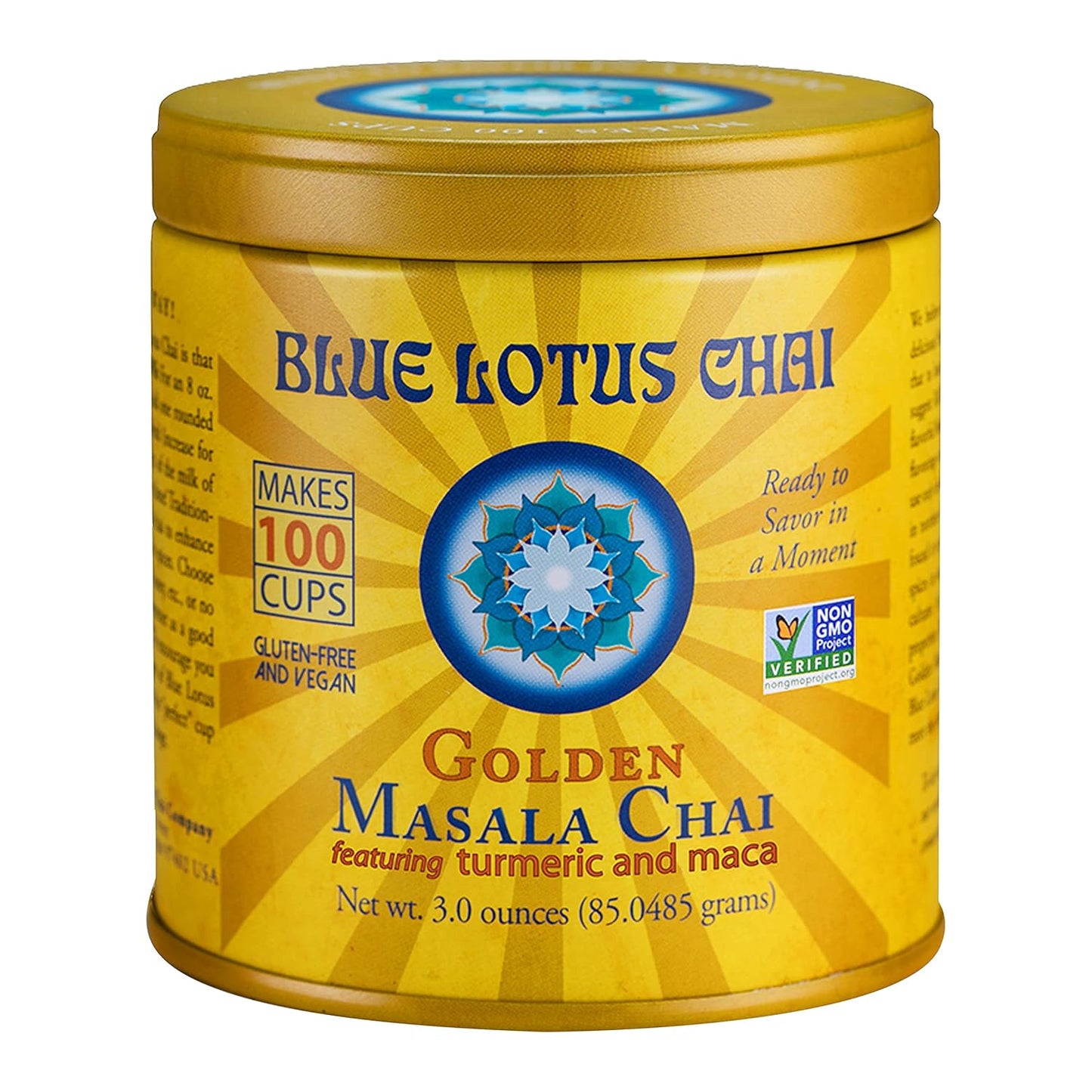 Blue Lotus Chai - Golden Masala Flavor Chai - Makes 100 Cups - 3 Ounce Masala Spiced Chai Powder with Organic Spices - Instant Indian Tea No Steeping - No Gluten