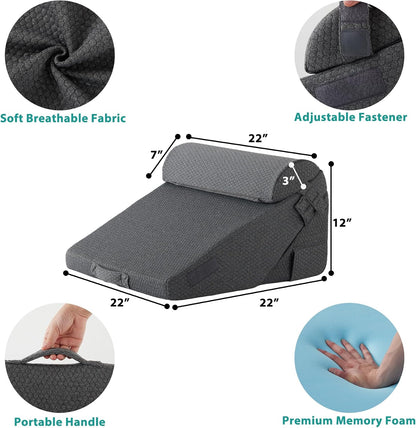 Bedluxe Wedge Pillow Headboard, 3PCS Orthopedic Bed Wedge Pillows Set for After Surgery, Adjustable Pillow Wedge for Acid Reflux&Back Pain Relief, Sleeping, Back Pillow for Bed Sitting Up, White/Grey