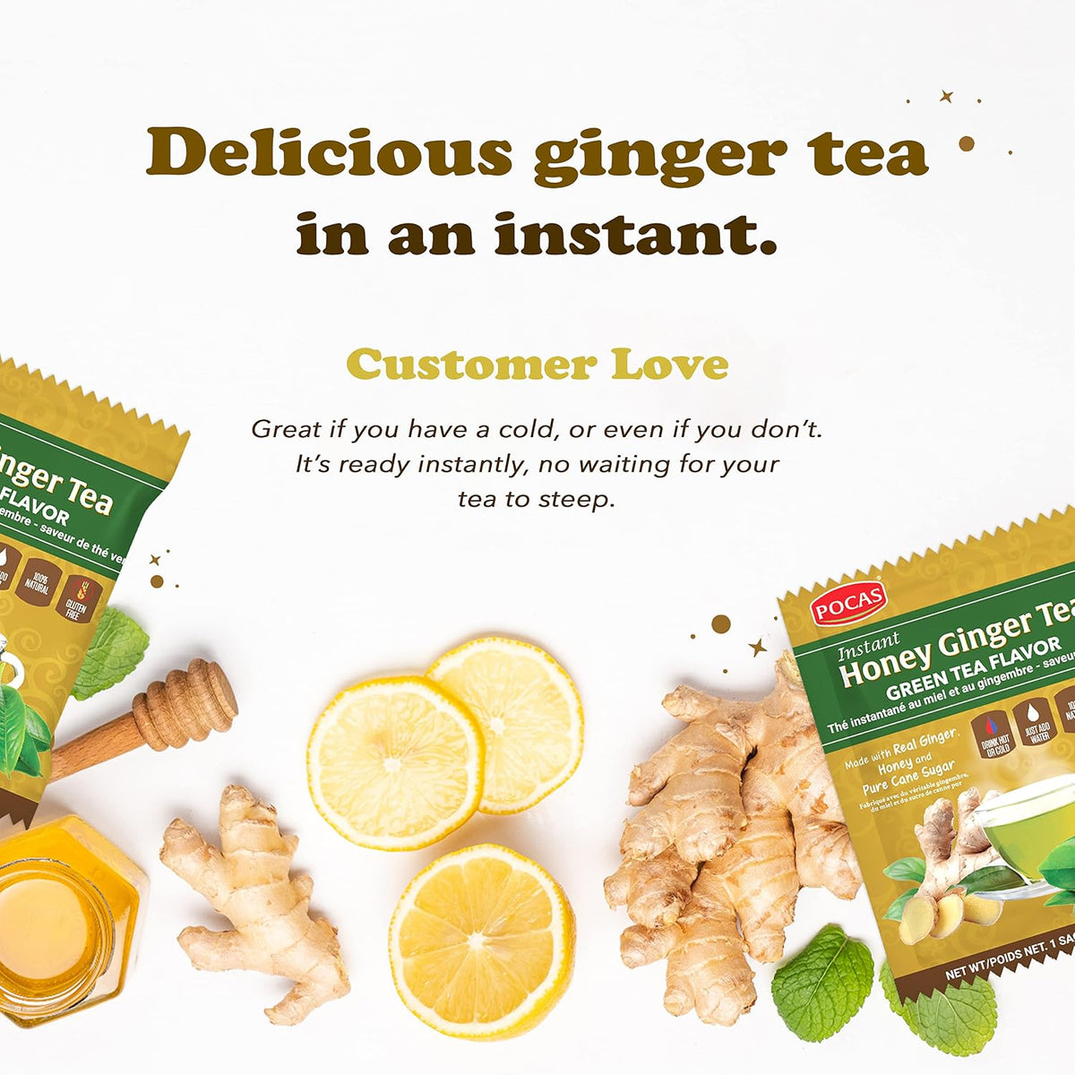 Pocas Honey Ginger Instant Tea Powder, Green Tea Flavor, Ginger Extract & Real Sweetener, 20 Packets per Box