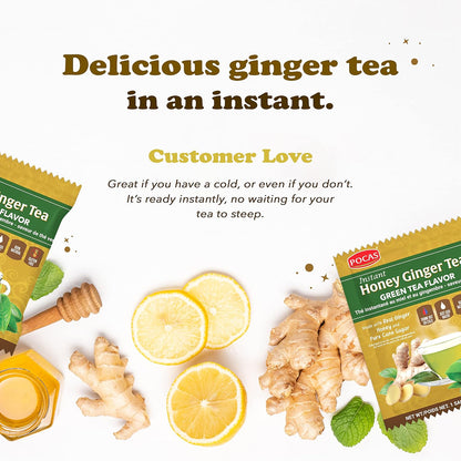 Pocas Honey Ginger Instant Tea Powder, Green Tea Flavor, Ginger Extract & Real Sweetener, 20 Packets per Box
