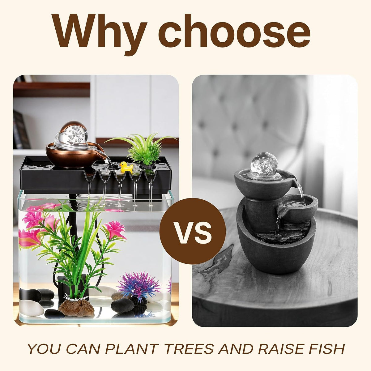 Indoor Water Fountain, 5-in-1 Tabletop Waterfall with Fish Tank & Mist Spray Humidifier, Desktop Fountain for Office Decor, Relaxing Small Water Feature for Bedroom Living Room Home