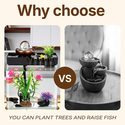 Indoor Water Fountain, 5-in-1 Tabletop Waterfall with Fish Tank & Mist Spray Humidifier, Desktop Fountain for Office Decor, Relaxing Small Water Feature for Bedroom Living Room Home