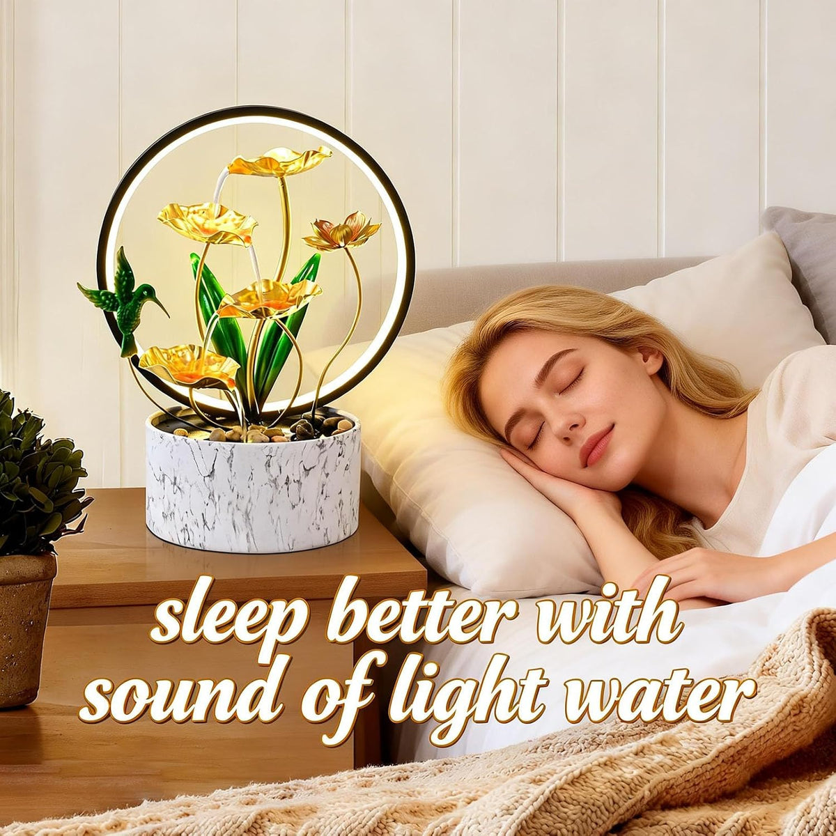 15" H Indoor Modern Tabletop Water Fountain LED Light, Yoga Meditation Room Father Day Decor Lotus Flower Floor-Standing Fountain