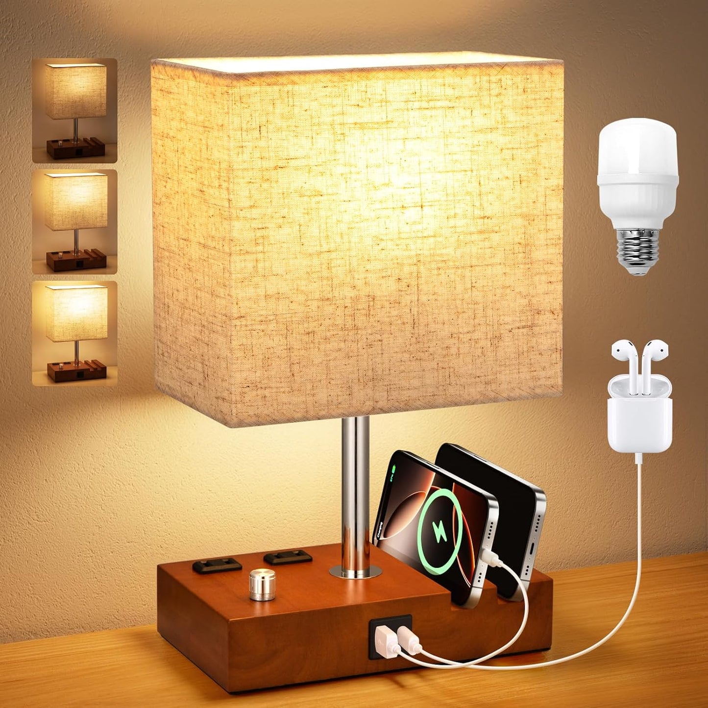 Kakanuo Fully Dimmable Nightstand Lamp for Bedroom with USB C Ports, Grey Small Bedside Table Lamp with Charging Outlets and Phone Stands, Wooden Desk Lamp for Living Room, LED Bulb Included