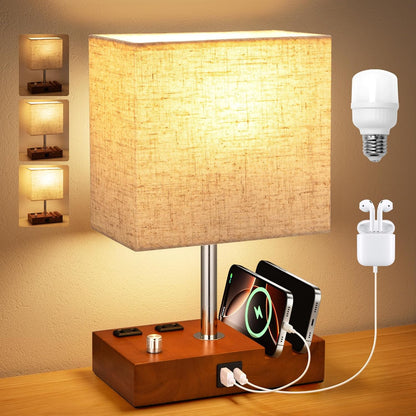 Kakanuo Fully Dimmable Nightstand Lamp for Bedroom with USB C Ports, Grey Small Bedside Table Lamp with Charging Outlets and Phone Stands, Wooden Desk Lamp for Living Room, LED Bulb Included
