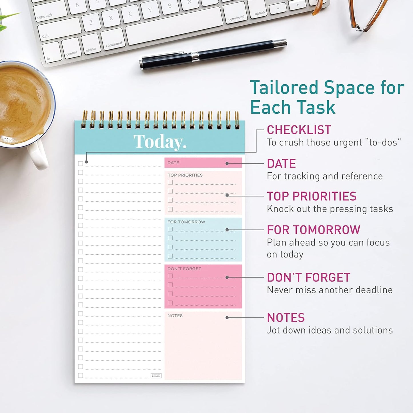 Sweetzer & Orange Daily & Weekly To Do List Notepad – Undated Work Planner & Organizer with Wish List Section, 52-Sheet Coiled Task Pad for Productivity – SET OF 4 To Do List Notebook for Work