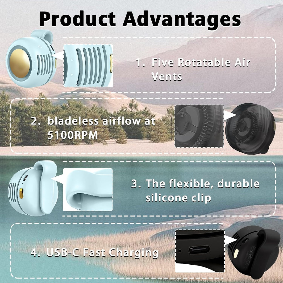 Portable Clip-On Fan, Mini USB Rechargeable 360° Rotatable Fan, Personal Fan 3-Speed Silent Mini Bladeless Fans (White)