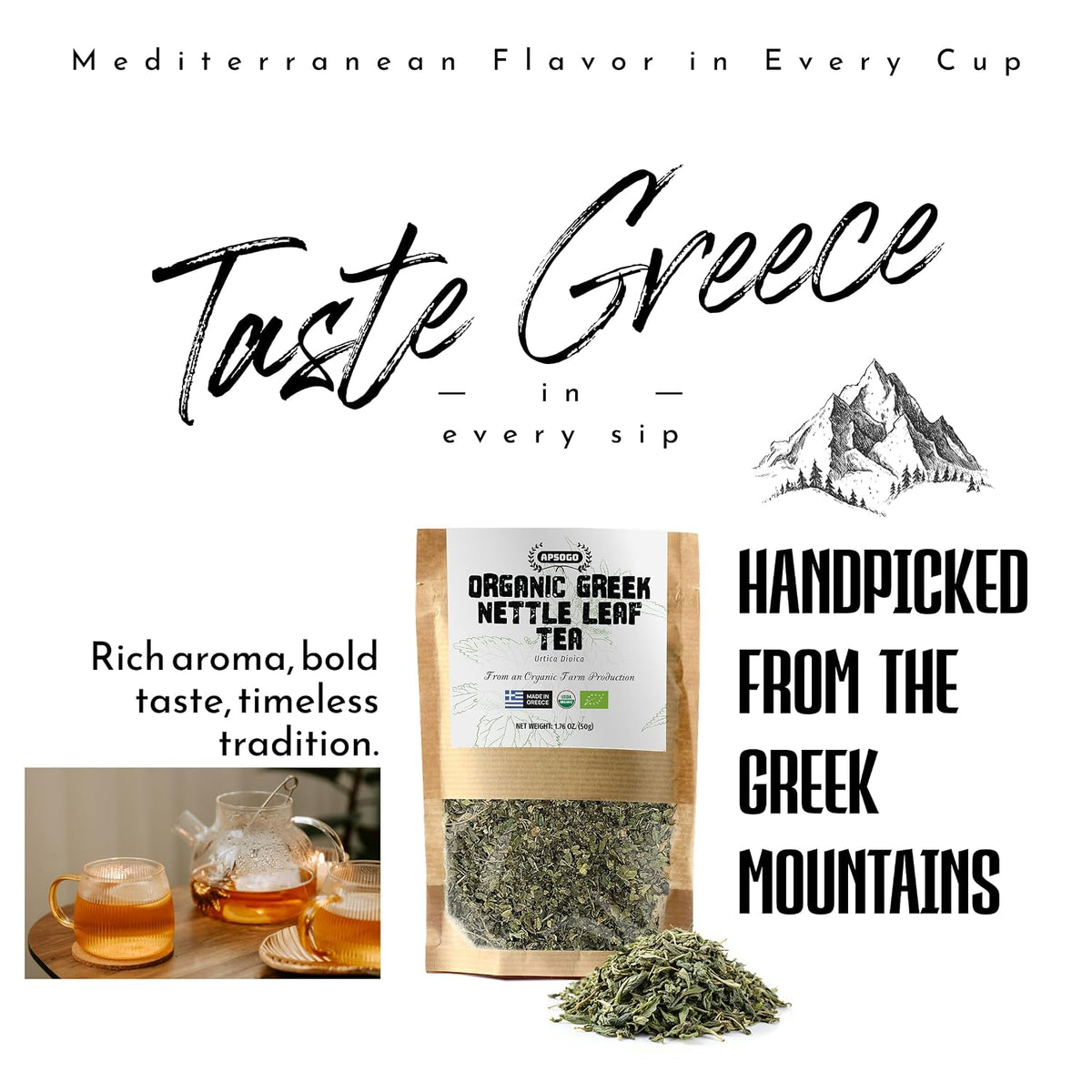 Apsogo Organic Greek Nettle Leaf Tea - Loose Leaf, Caffeine-Free, 1.76oz