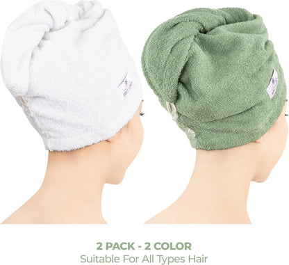 American Soft Linen 100% Cotton Hair Towels for Women, Head Towel Cap, Cotton Hair Turban Towel Wrap for Long Curly Anti Frizz Hair, Soft and Absorbent Cotton Hair Towels 2 Pack, White