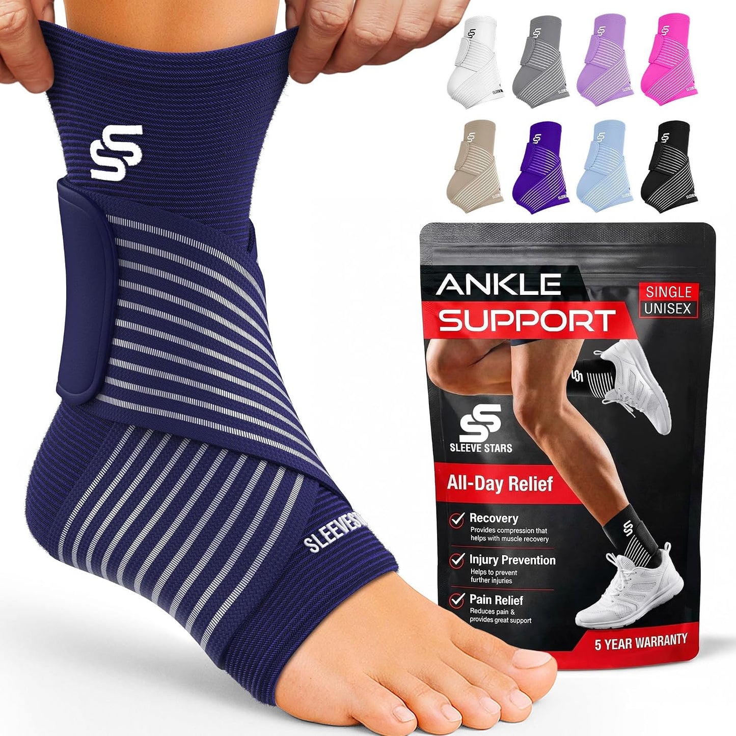 Sleeve Stars Ankle Brace for Women & Men, Ankle Wrap for Sprain, Compression Sleeve for Plantar Fasciitis Relief, Easy Customizable Support: w/ Removable Strap (Single/M:10"-12"/Black)