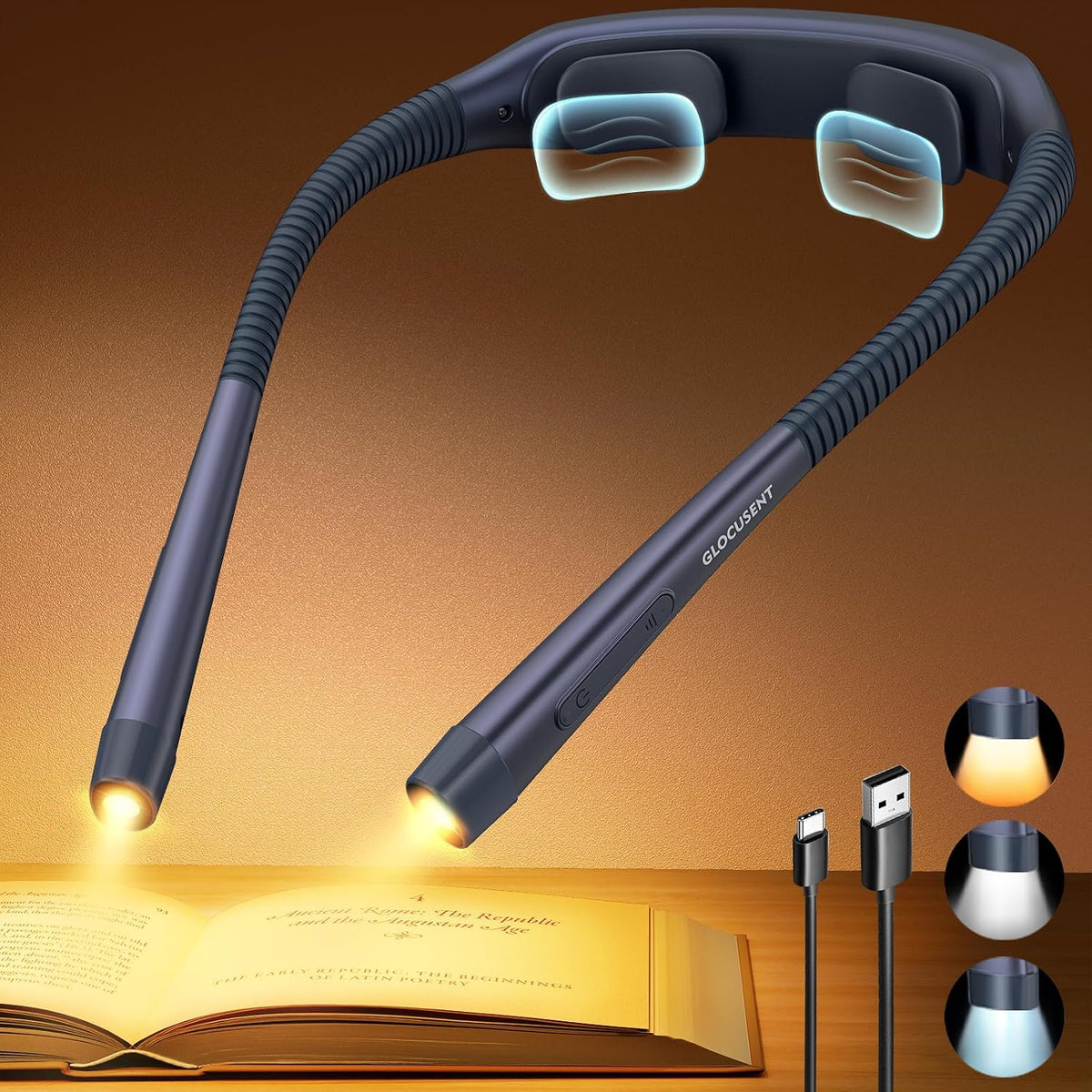 Glocusent Neck Light with Timer, 100 Hours Book Light for Bedtime Reading