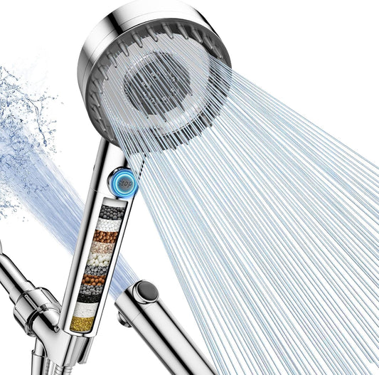 PWERAN Filtered Shower Head with Handheld, High Pressure 4 Spray Mode Showerhead with Filters, Water Softener Filter Beads for Hard Water with ON/OFF Switch for Pets - Remove Chlorine (Gray)