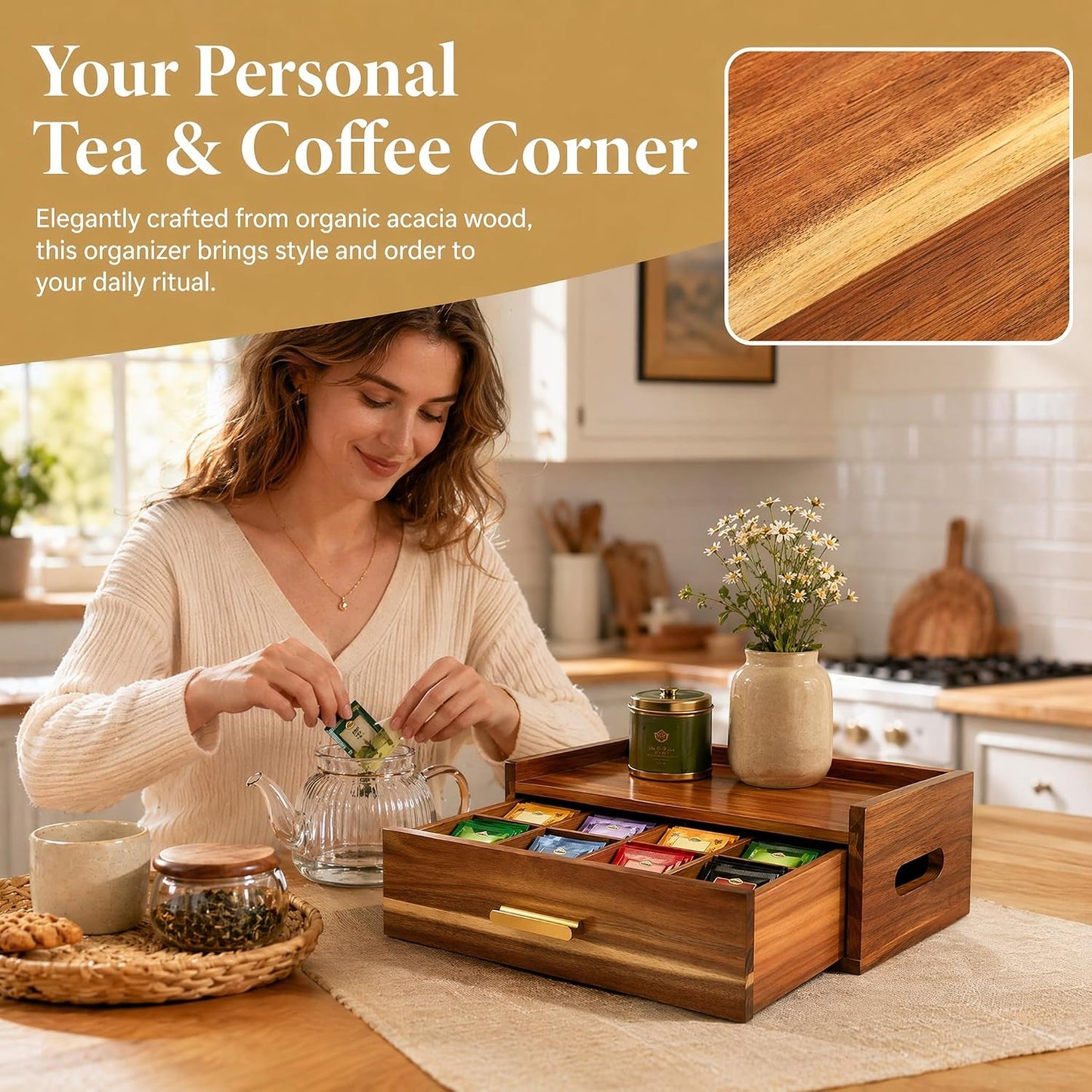 Acacia Wood Tea Bag Organizer 8 Compartment Storage Box & Organizer with Drawer Tea Bag Holder Container Chest,Coffee Station Sugar Packet Display for Countertop, Pantry, Office Cabinet