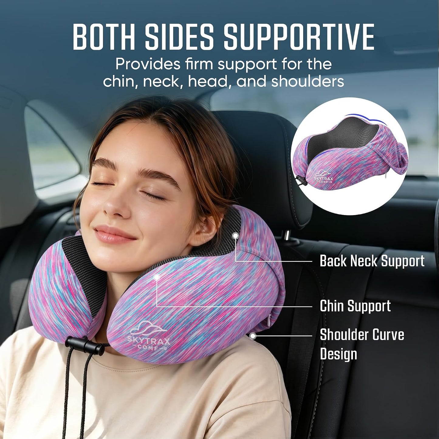 SkytraxComf® Travel Neck Pillow with Hood for Privacy on Long Flights | Memory Foam | Airplane Sleep | Safety-Tested Materials | Extra Large Hood | Chin Support | Earplugs | Washable Cover