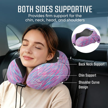 SkytraxComf® Travel Neck Pillow with Hood for Privacy on Long Flights | Memory Foam | Airplane Sleep | Safety-Tested Materials | Extra Large Hood | Chin Support | Earplugs | Washable Cover