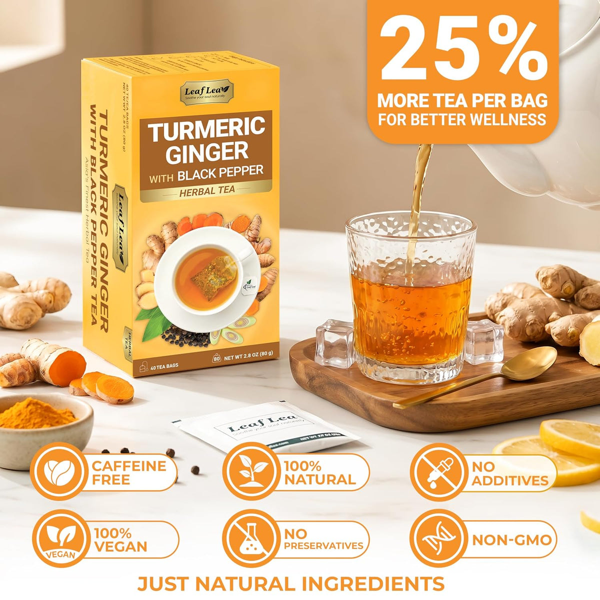 LeafLea Turmeric Ginger Black Pepper Tea Bags, 120 Count Family Pack