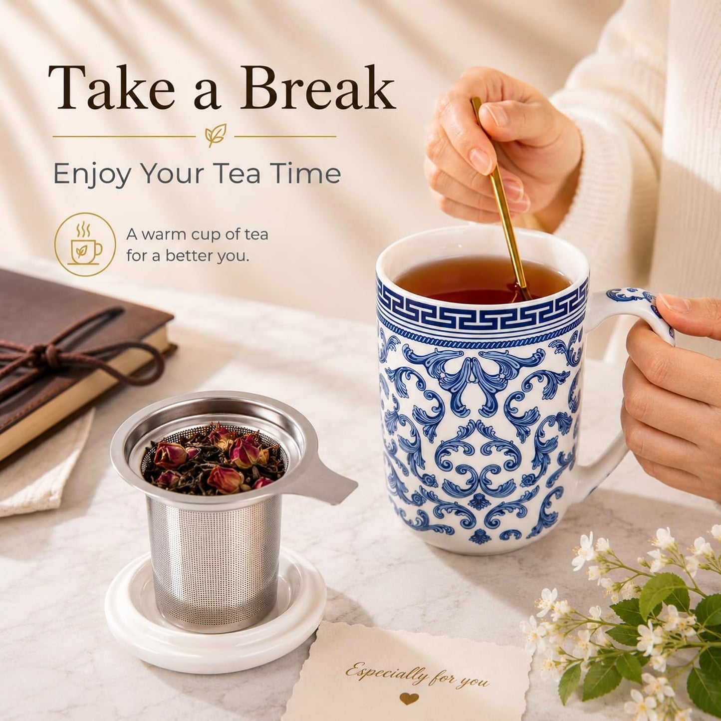 AmorArc Porcelain Tea Mug with Infuser and Lids, 18 Oz Large Cup Strainer with Bag Holder for Loose Leaf Tea, Steeping Coffee Mug for House-warming Wedding Birthday Gift