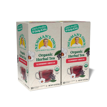 Newman's Own Organic Elderberry Hibiscus Tea with 20 Individually Wrapped Bags Per Box (Pack of 2) USDA Certified Caffeine Free Brew Hot/Cold 40 Count
