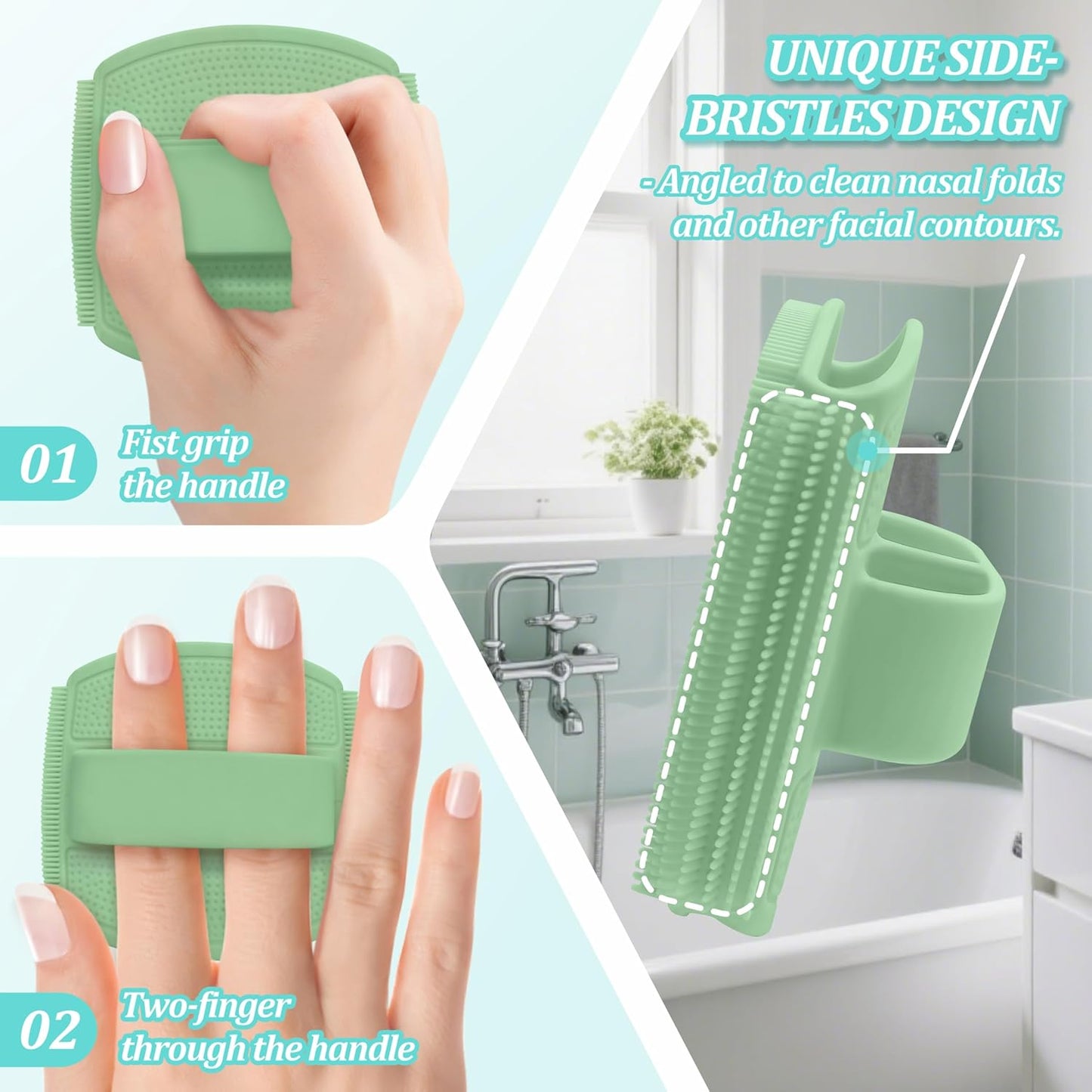 Silicone Back Scrubber & Bath Glove Set 2PCS, 13.4'' Gentle Shower Back Scrubber with Dual-Side Head Non-Slip Handle, 360° Anti-Slip Hand-fit Bath Glove for Rich Foaming Deep Cleaning(Black)
