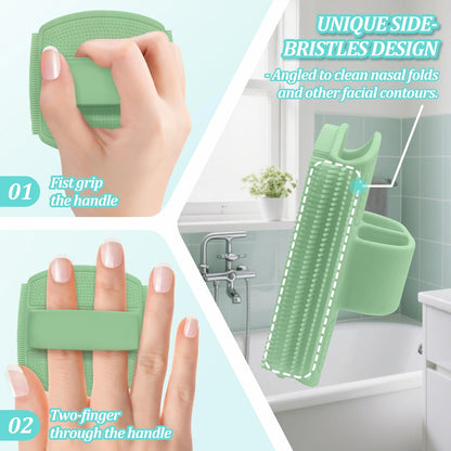 Silicone Back Scrubber & Bath Glove Set 2PCS, 13.4'' Gentle Shower Back Scrubber with Dual-Side Head Non-Slip Handle, 360° Anti-Slip Hand-fit Bath Glove for Rich Foaming Deep Cleaning(Black)