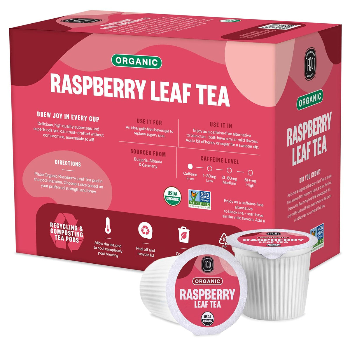 FGO Organic Raspberry Leaf Tea K-Cup Pods for Keurig, 24 Count (Pack of 1), Naturally Caffeine-Free Herbal Tea, USDA Organic, Non-GMO, & Recyclable