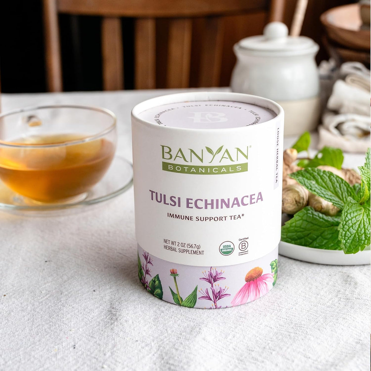 Banyan Botanicals Tulsi Echinacea Tea – Organic Immune Support with Turmeric & Rosehip – Caffeine Free Tea for Healthy Immune Function* – 2 oz. – Non-GMO Sustainably Sourced Herbal Loose Leaf