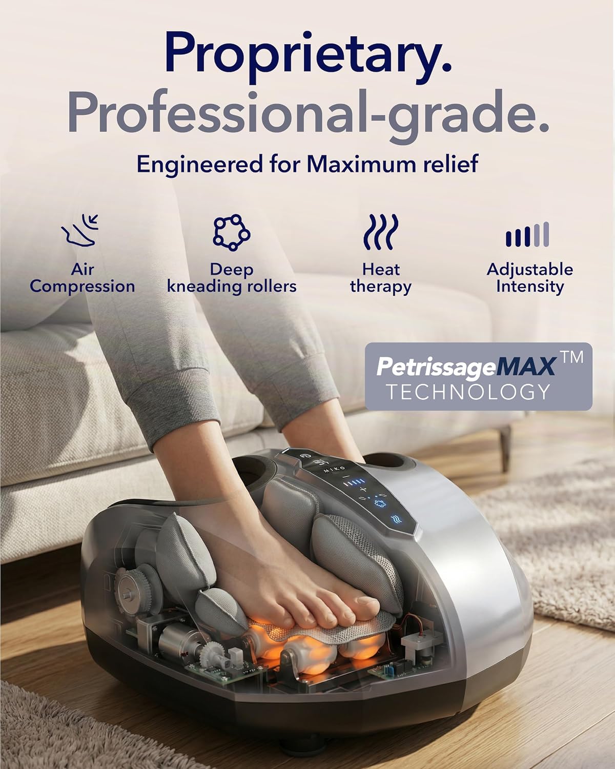 MIKO Foot Massager Machine with Deep-Kneading, Compression, Shiatsu, and Heat for Plantar Fasciitis, Neuropathy - Fits up to Men Size 12