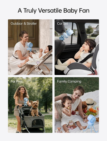 JISULIFE Chic Quadpod Stroller Fan 2026 –120°Auto Oscillation & 2 Wind Mode