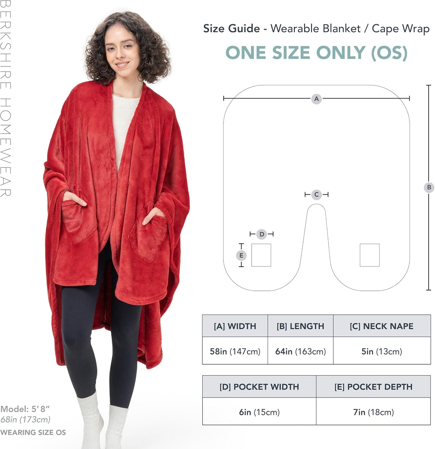 Berkshire Blanket Primalush™ Wearable Blanket, Cozy Loungewear Pocketed Plush Cape Wrap for Adults & Teens(Purple, One Size 58"X64")