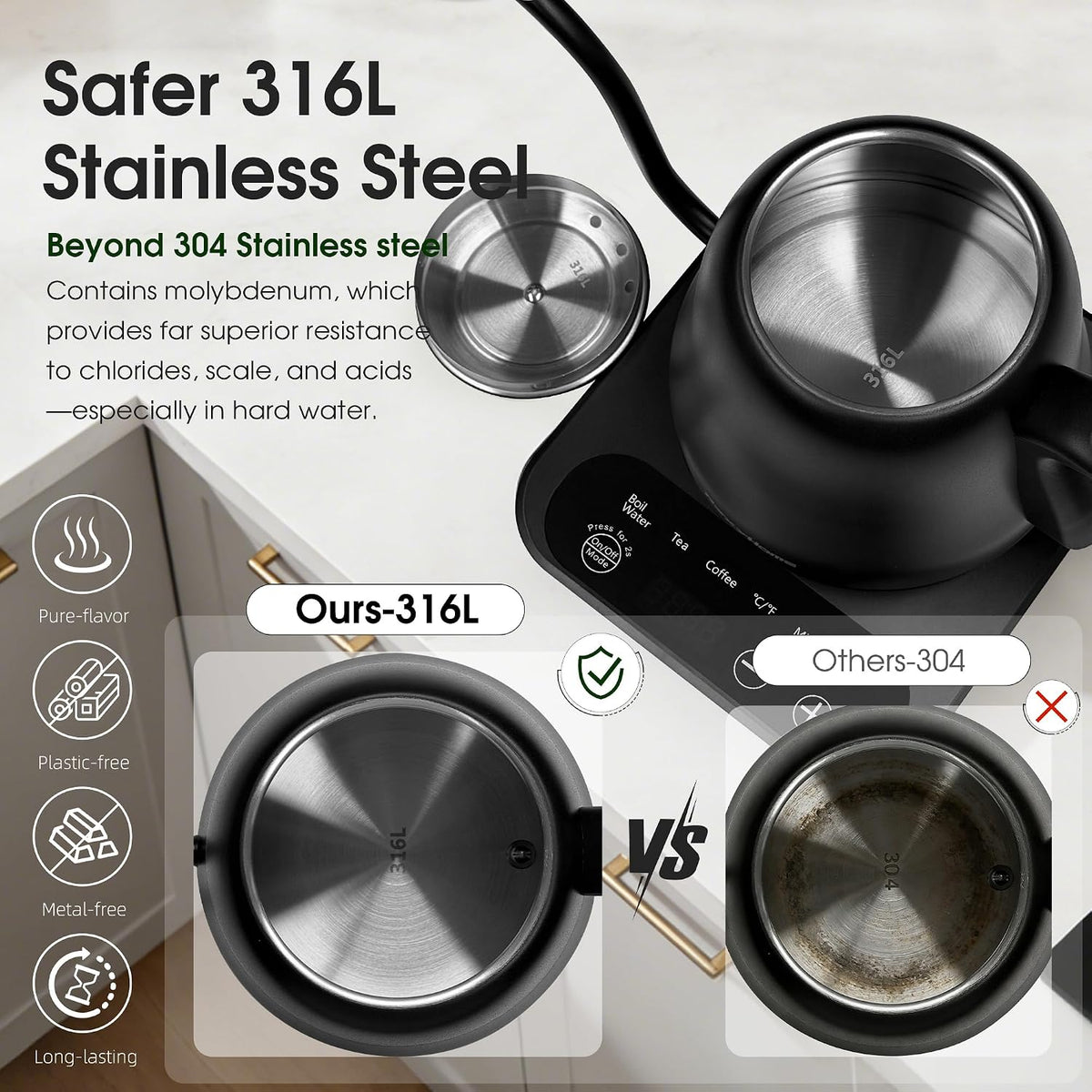 Gooseneck Electric Kettle Temperature Control: 316L Stainless Steel Inner