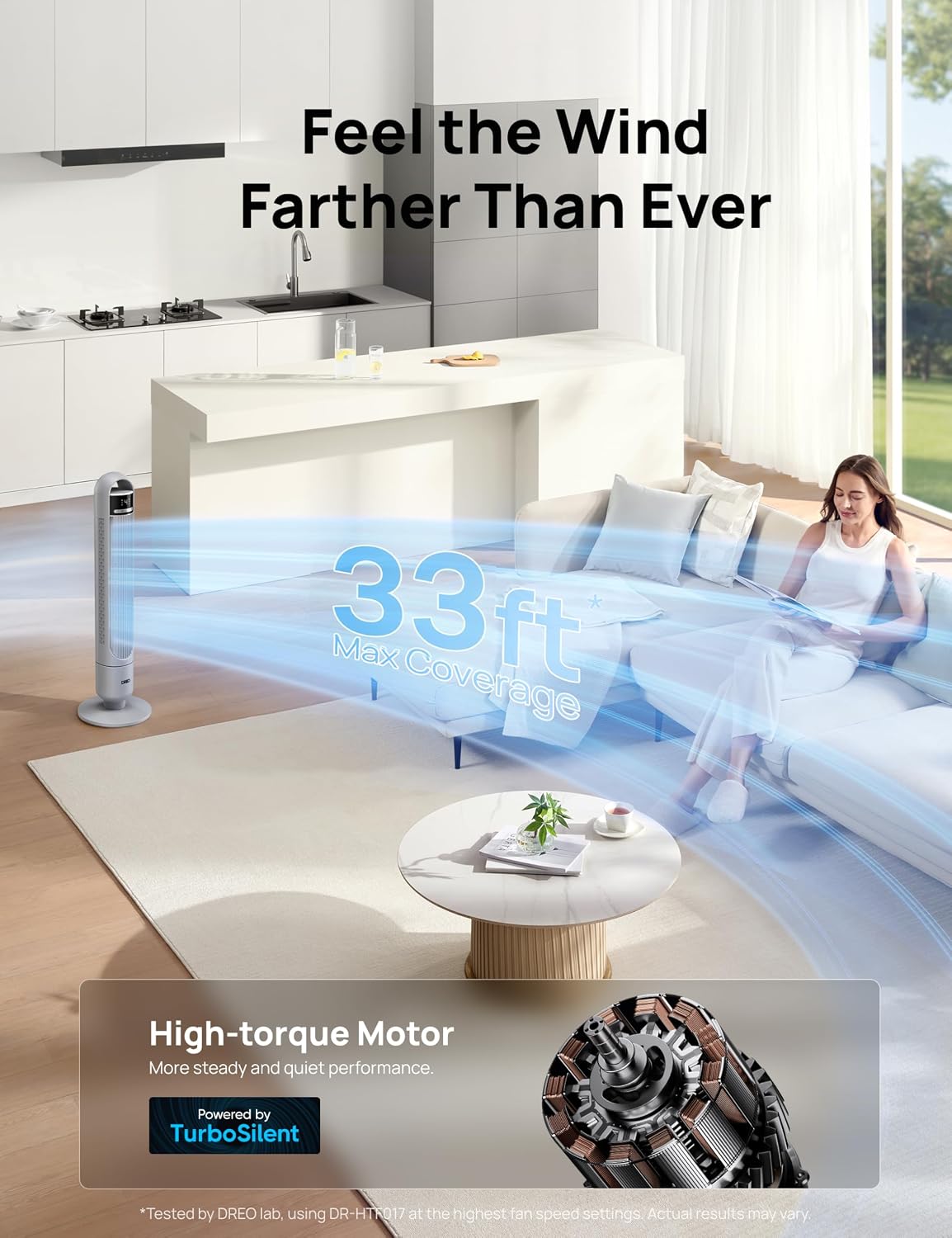 DREO Smart Tower Fan for Bedroom, 28ft/s Velocity, 8 Speeds Ultra Quiet Fan