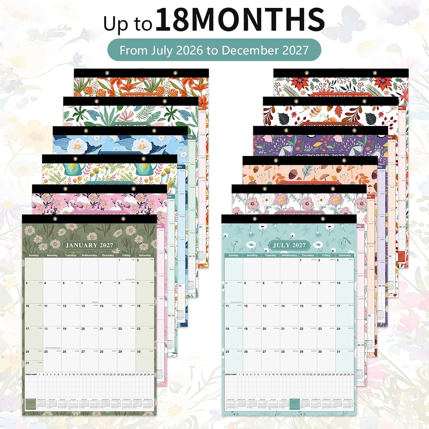 Large Wall Calendar 2026-2027, 18-Month Wall Calendar from July 2026 to December 2027, 15" x 22" 2026 Wall Calendar with Spacious Blocks, Julian Dates, Habit Tracker & Full-Year Reference for Home Office School Colorful