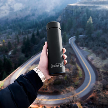 London Sip Multi-Purpose Tea Infuser Travel Mug and Tumbler Fruit Infuser Flask Hot and Cold Double Wall Stainless Steel Thermos with Extra-Long Infuser, Midnight Teal