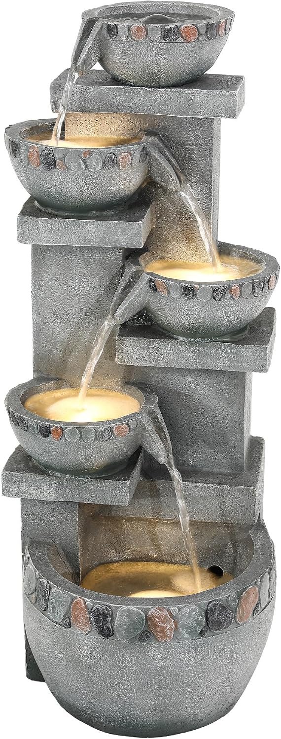 19.5" H 4-Tier Indoor & Outdoor Water Fountain with LED Lights | Resin Pebble Textured Tabletop Cascading Water Feature, Relaxing Decor for Patio, Porch, Deck, Yard & Home