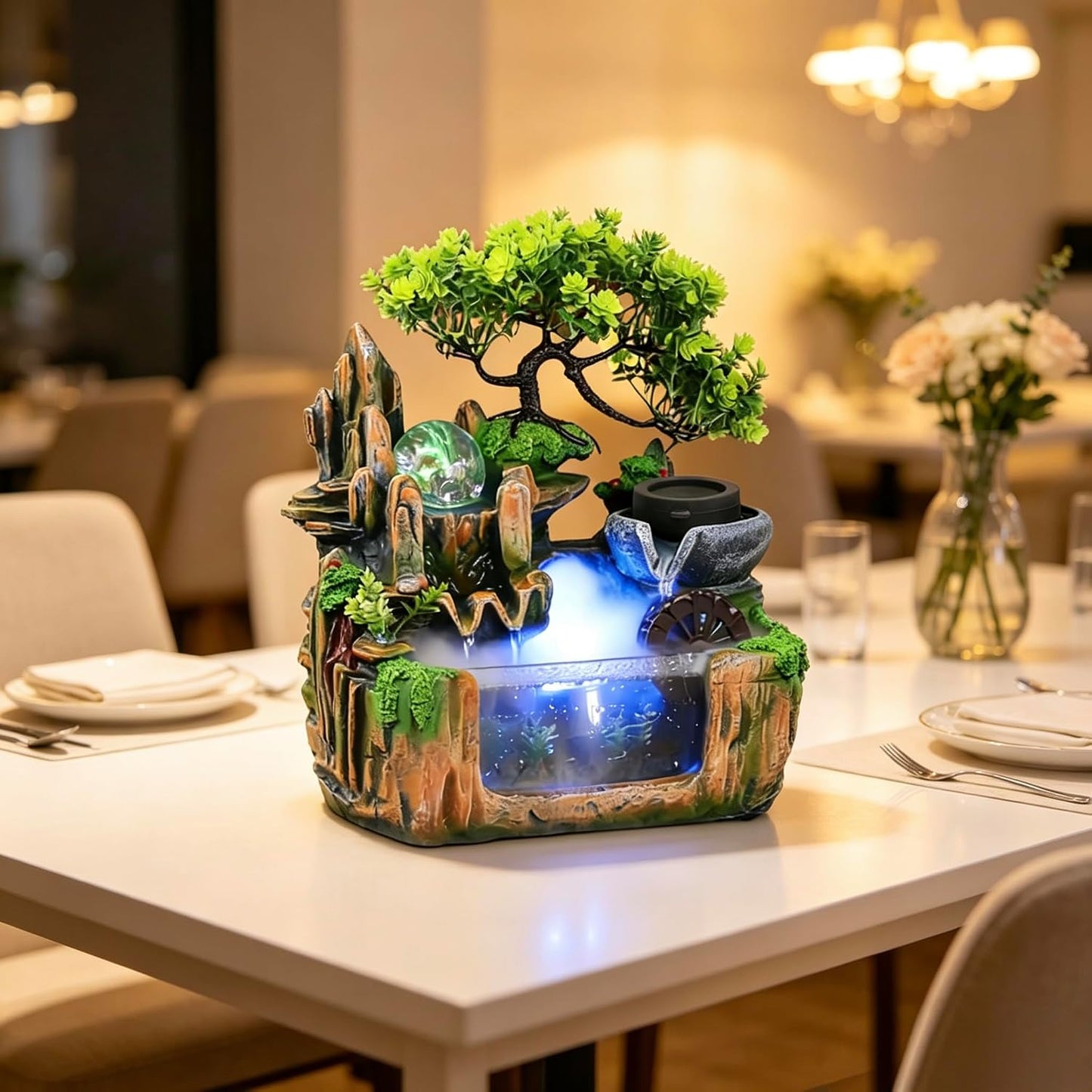 Mini Artificial Bonsai Tree Waterfall Fog Feature Rock Tabletop Fountain | 11in Desktop Decor Waterfall Fountain W/ Water Pump& Atomizer&LED Lights &Fake Tree Office Bedroom Relax