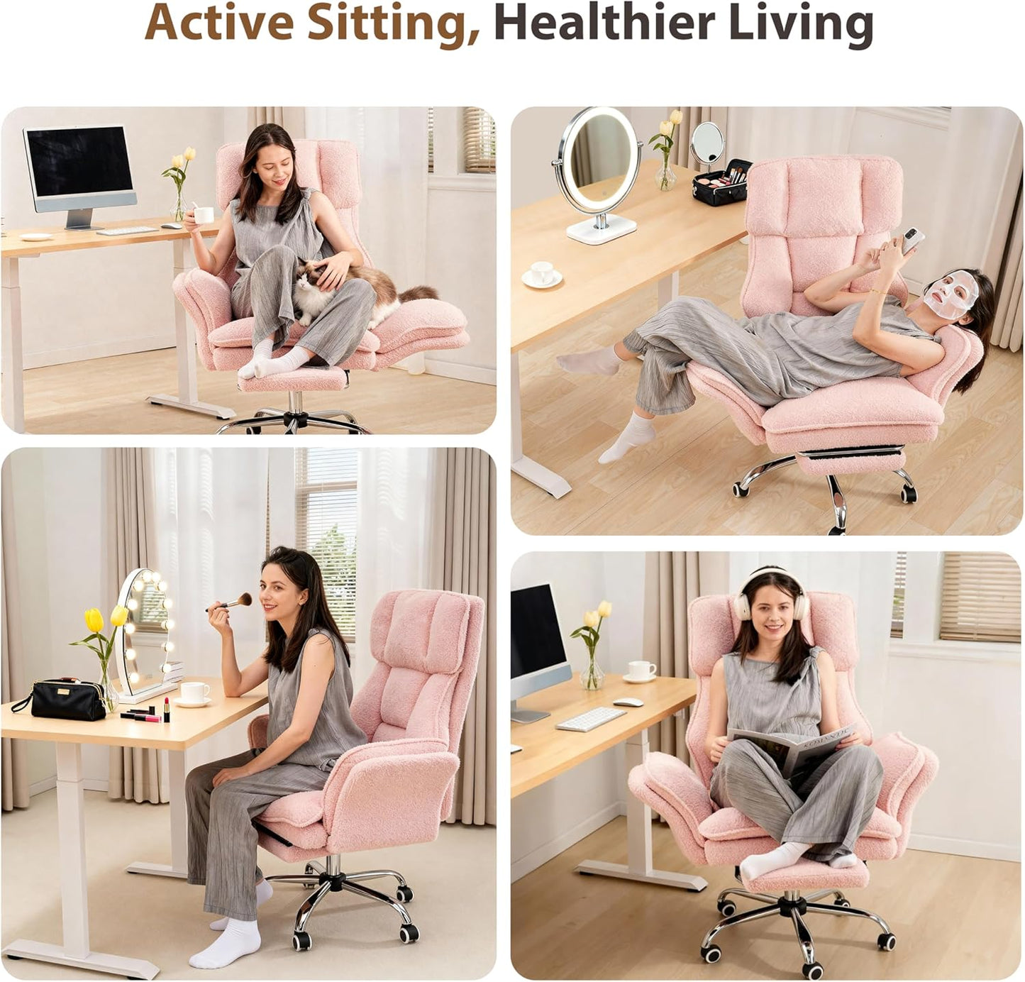 Big and Tall Office Chair, Flip Armrests for Pets & Cross Legged Sitting, Executive Ergonomic Computer Gaming Chair with Foot Rest, Teddy Fleece Wide Seat Reclining Desk Chair, White Vanity Chair