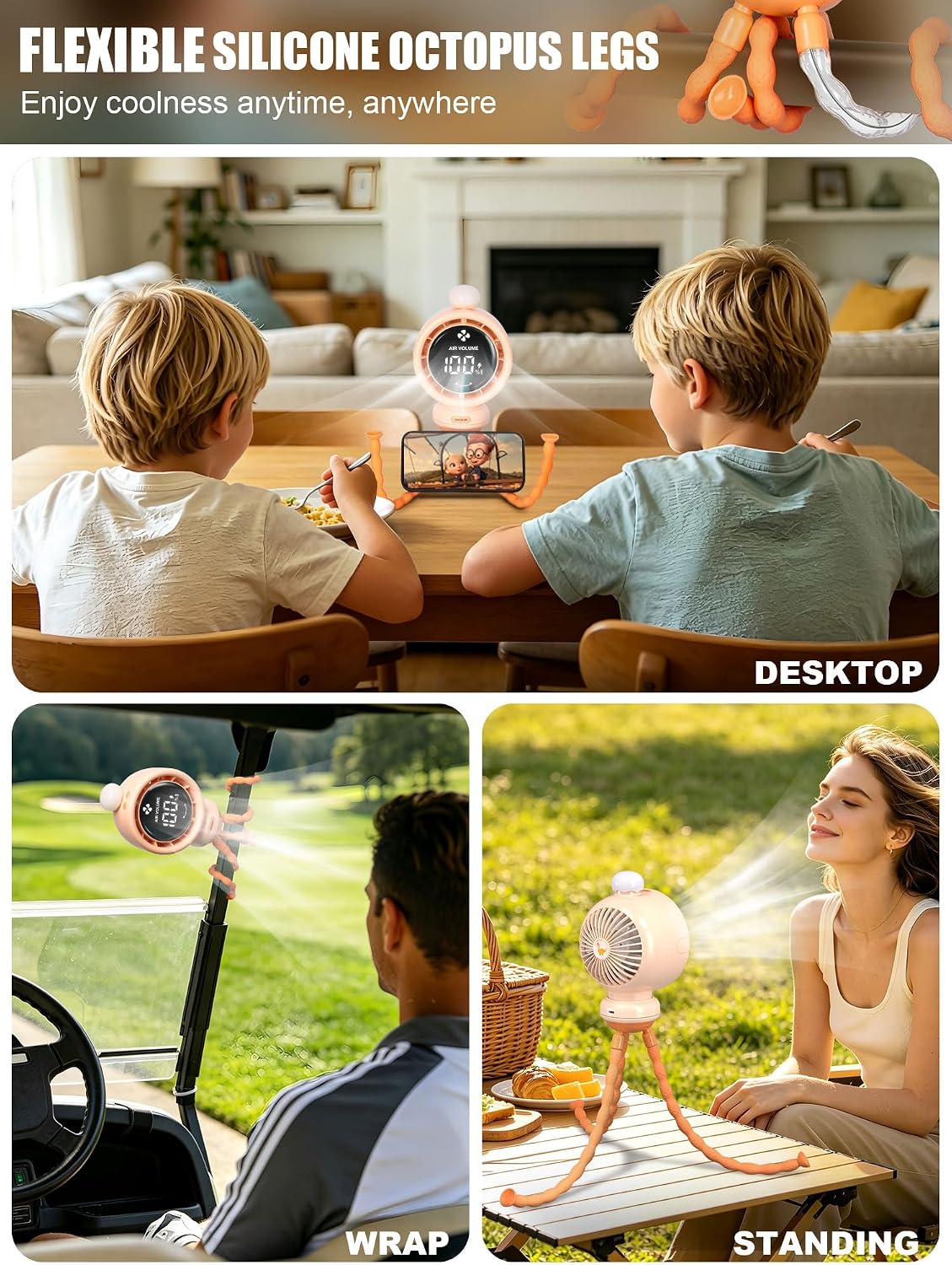 Stroller Fan for Baby with Night Light, 135° Automatic Air Swing (Orange)