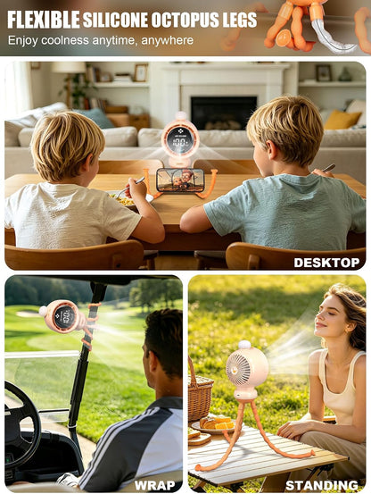 Stroller Fan for Baby with Night Light, 135° Automatic Air Swing (Orange)