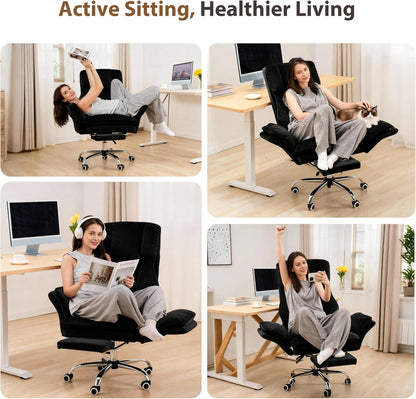 Big and Tall Office Chair, Flip Armrests for Pets & Cross Legged Sitting, Executive Ergonomic Computer Gaming Chair with Foot Rest, Teddy Fleece Wide Seat Reclining Desk Chair, White Vanity Chair