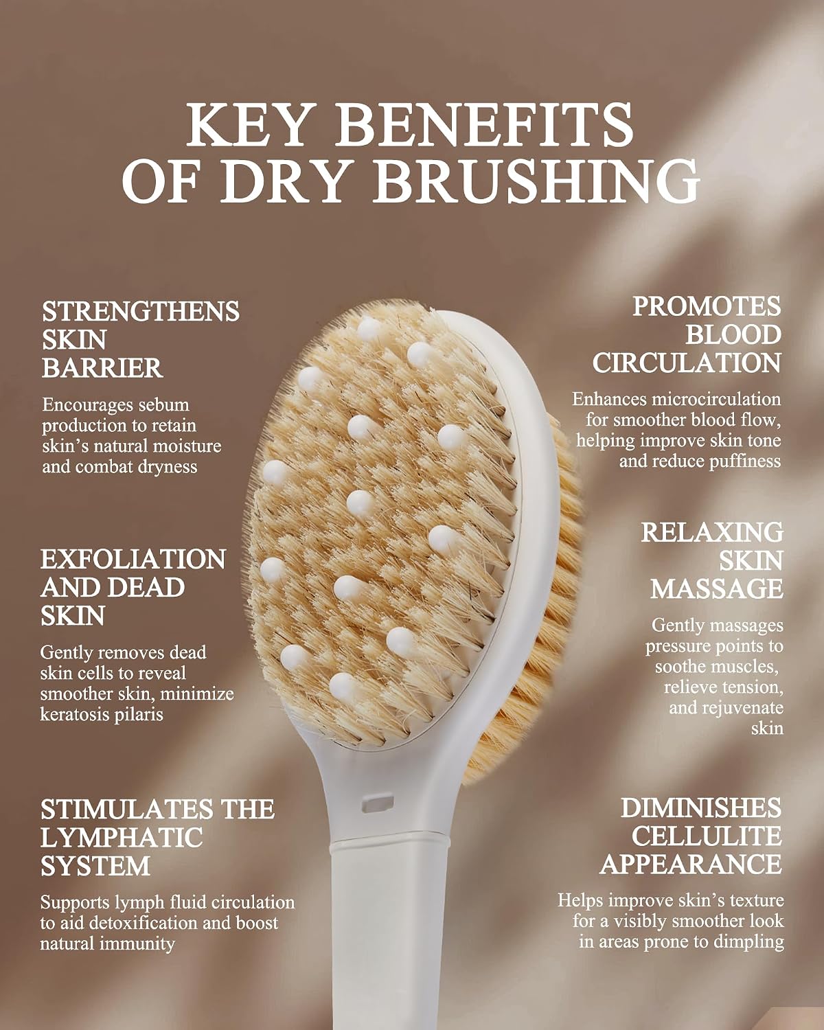 Dry Brushing Body Brush for Massage - Natural Boar Bristle Exfoliating Brush with Massage Nodes for Lymphatic Drainage, Cellulite, Blood Circulation Improving Skin Health for Women Men Elderly(Grey)