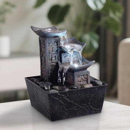 Tabletop Indoor Water Fountain – 3-Tier Rock Waterfall Fountain with Warm LED Light and DIY Planting Pot – Relaxing Small Water Feature for Desk or Home Decor (23061)