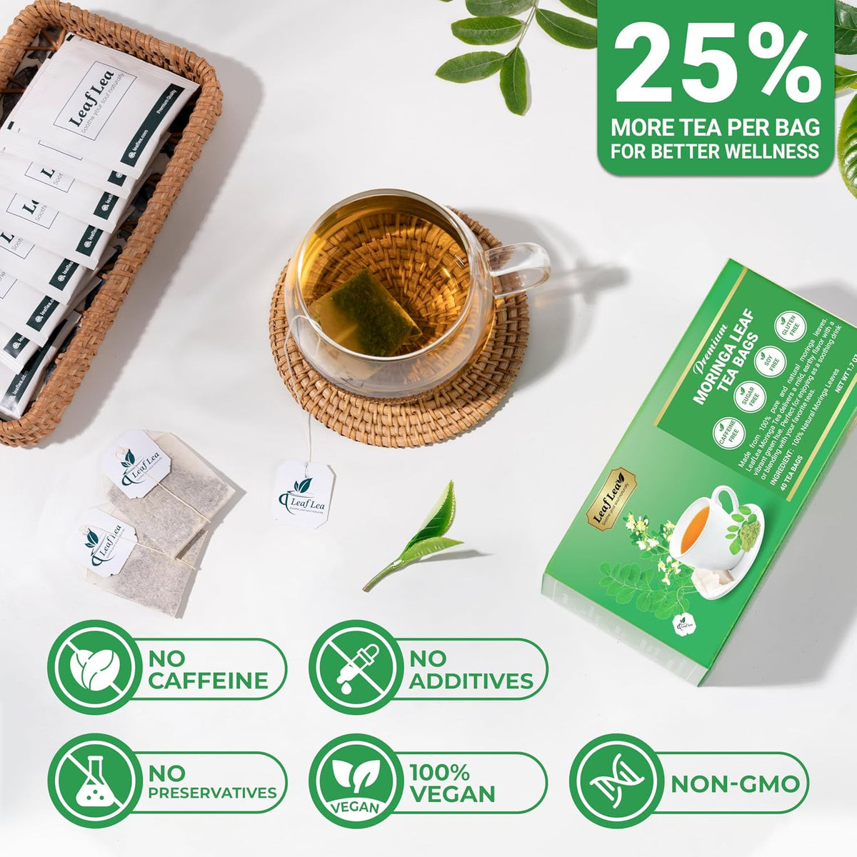 LeafLea Moringa Tea Bags, Pure Moringa Leaf Herbal Tea, 80 Count, 2 Boxes